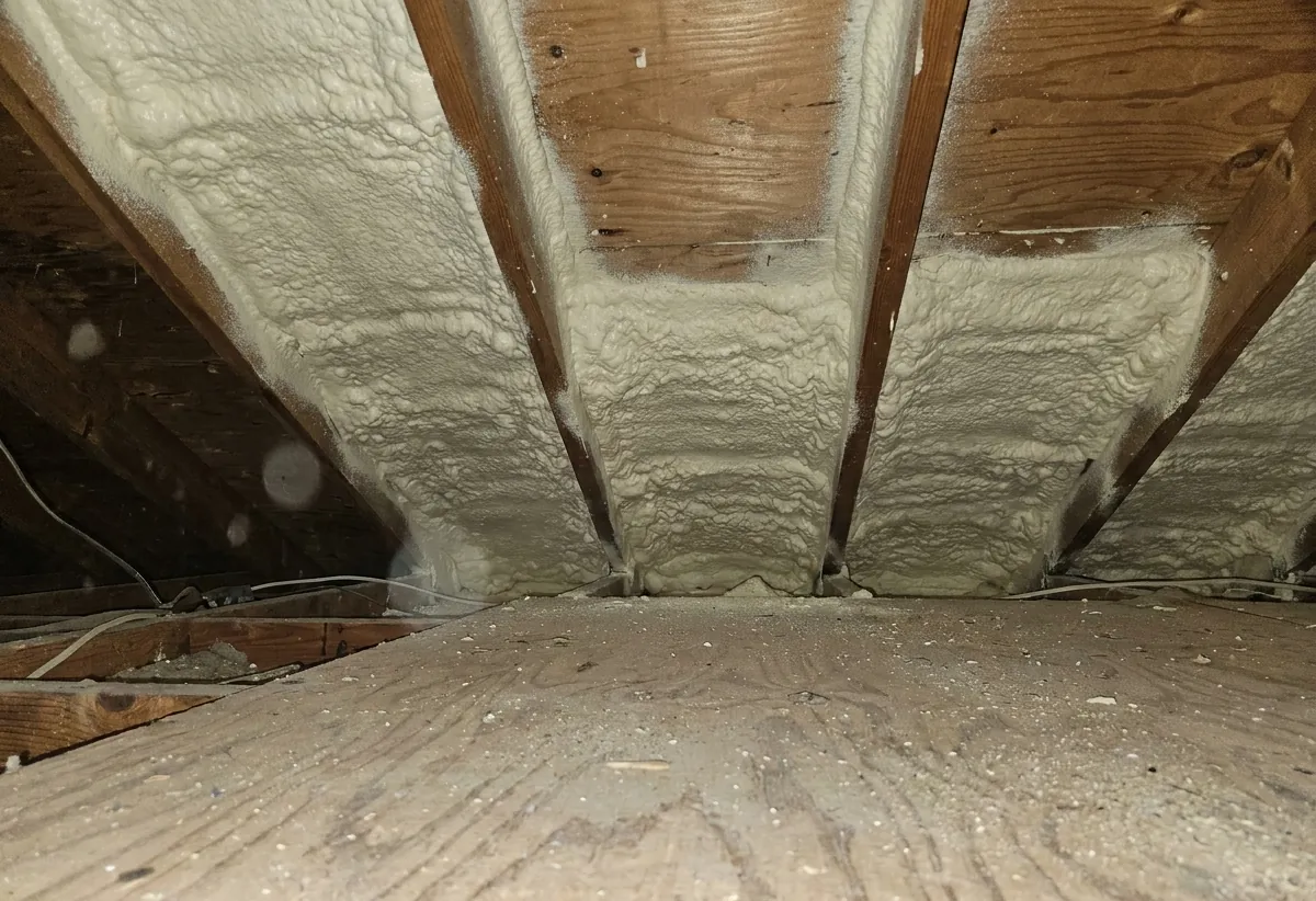 Closed-cell spray foam insulation covering an attic roof deck and rafters in Eau Claire, WI