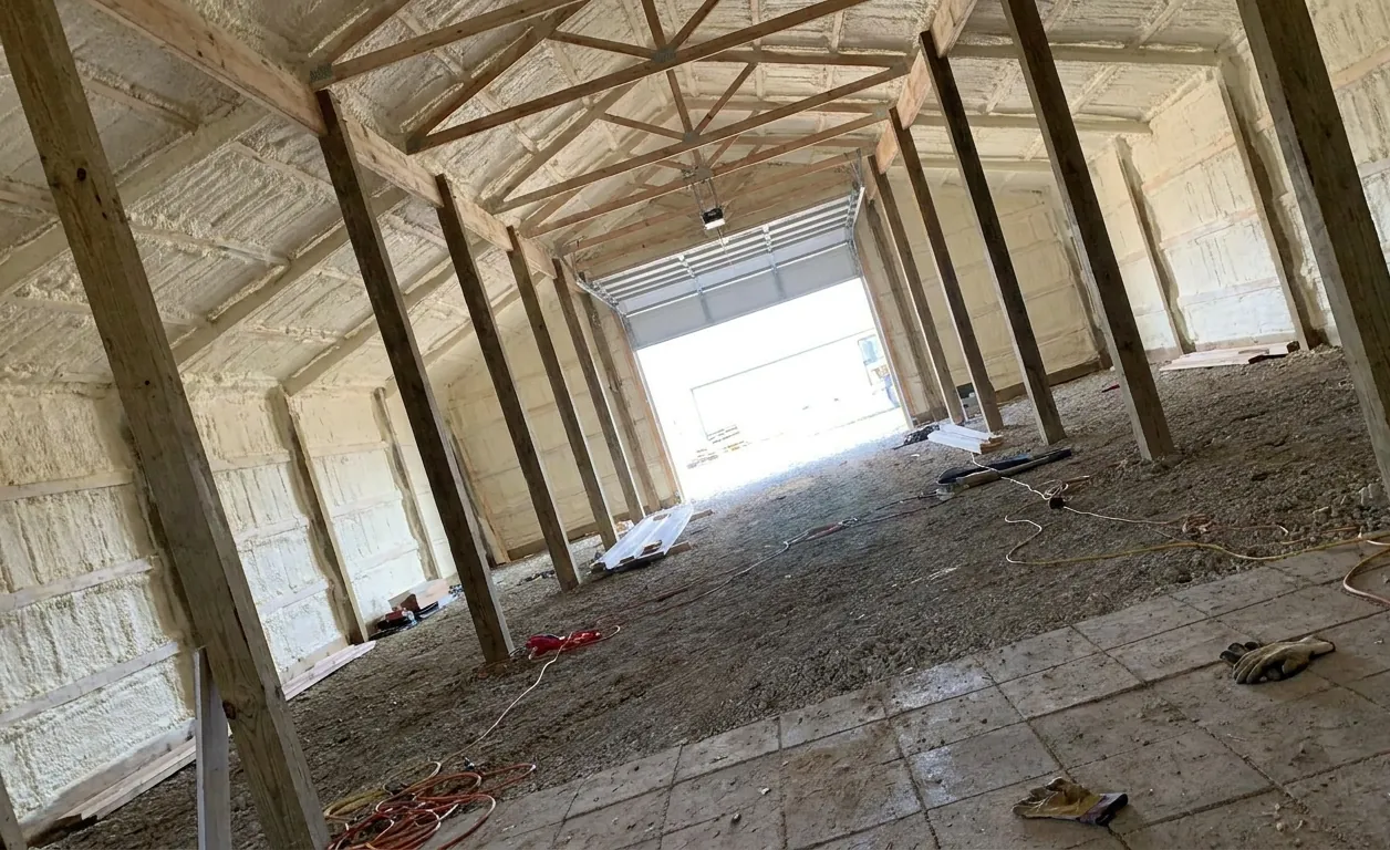 Pole barn interior with spray foam insulation applied to walls and ceiling