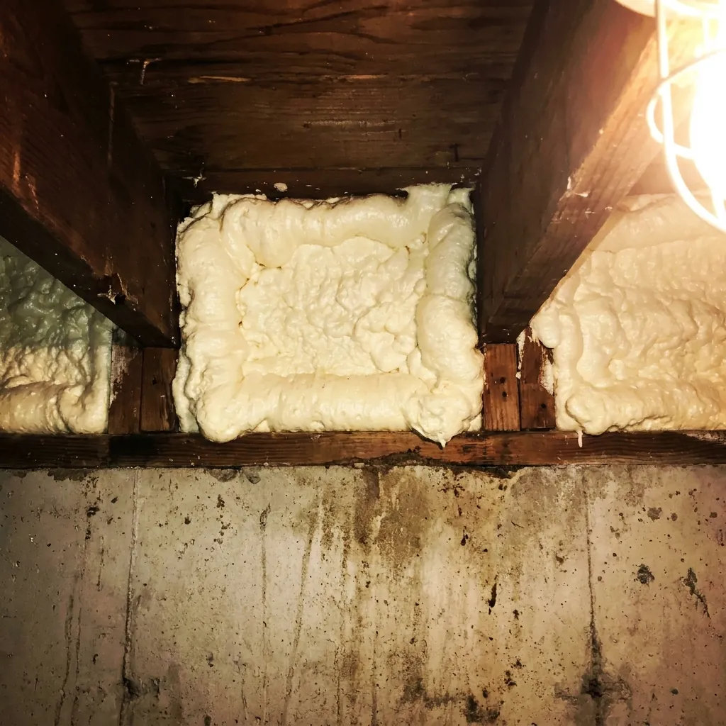 Rim joist cavity sealed with closed-cell spray foam in an Eau Claire basement