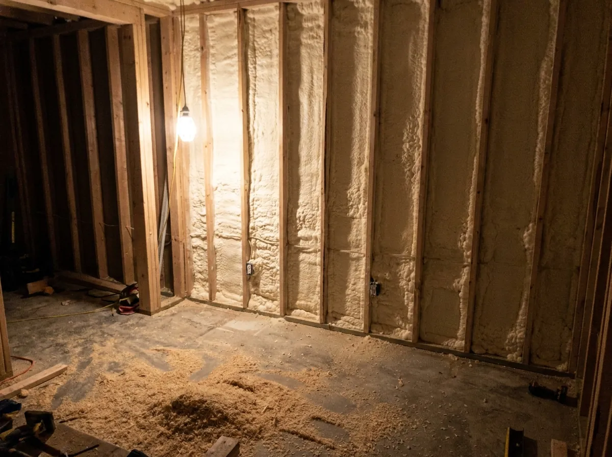 Open wall stud bays filled with spray foam insulation in new construction