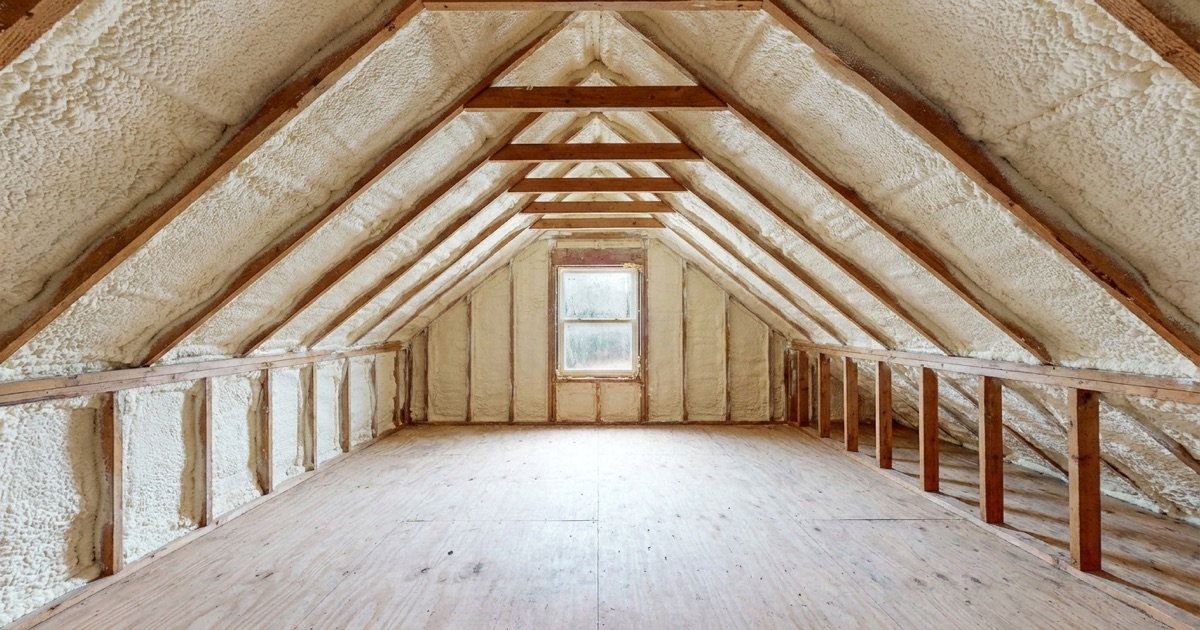 Attic fully insulated with light-colored spray foam between the rafters